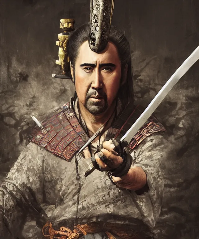 Image similar to Portrait of Nicolas Cage as a samurai from the warring states era Japan, highly detailed, digital painting, artstation, concept art, smooth, sharp focus, illustration by Artgerm and Greg Rutkowski and Tom Bagshaw