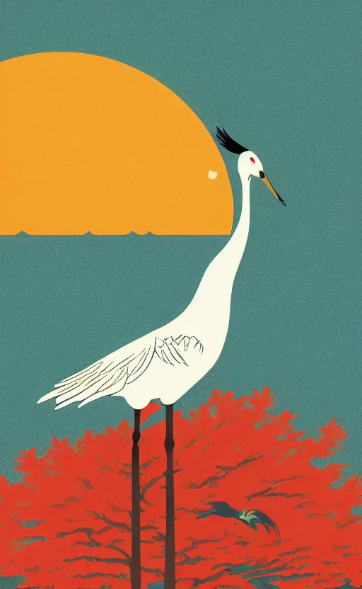 Image similar to hanafuda, portrait of huge japanese crane bird walking on a lake in the middle of japanese pines, a big red sun in the background, front game card, vector line art, trending on artstation, concept art, stunning, matte