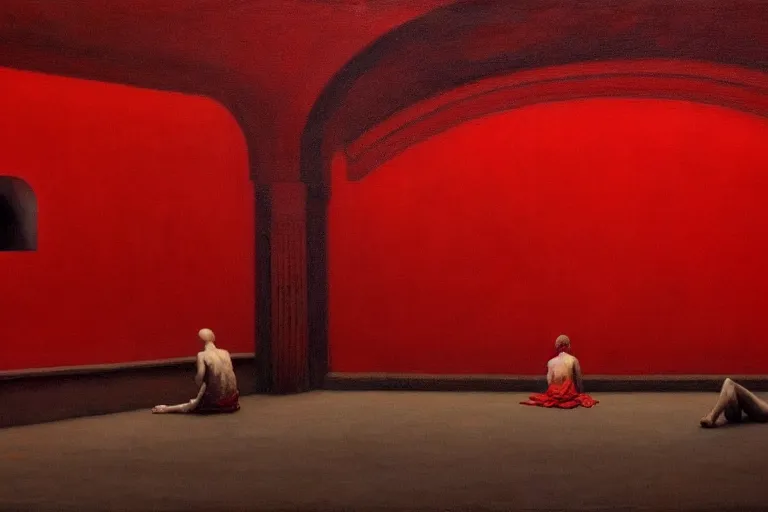 Image similar to only with red, crowd screaming, an exposed painting in a roman theater, in the style of beksinski, parts by edward hopper, parts by rodcenko, parts by yue minjun, intricate and epic composition, red by caravaggio, insanely quality, highly detailed, masterpiece, red light, artstation, 4 k