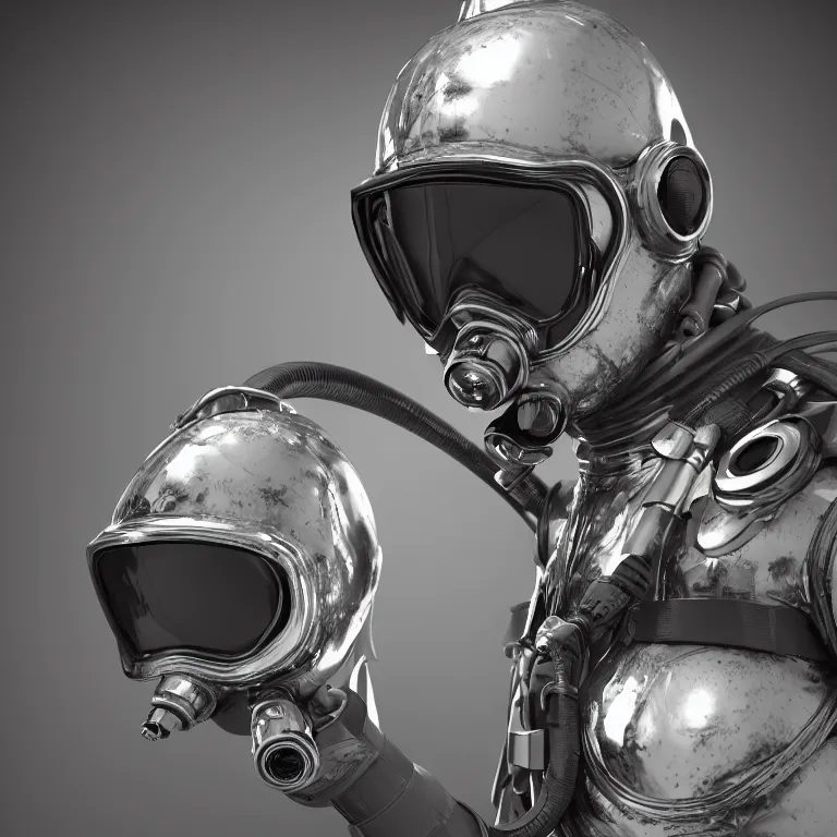 Prompt: octane render portrait by wayne barlow and carlo crivelli and glenn fabry, subject is a futuristic scuba diver with a shiny reflective silver metal helmet with colorful reflective goggles and covered in black ribbed rubber hoses, wrapped up in a giant iridescent plastic sheet, cinema 4 d, ray traced lighting, very short depth of field, bokeh