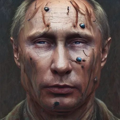 Prompt: a portrait of vladimir putin's whole face made of worms and maggots, macabre, horror, by donato giancola and greg rutkowski and wayne barlow and zdzisław beksinski, realistic face, visible face, digital art, artstation, symmetry
