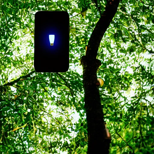 Prompt: A phone glowing and floating in a tree, 35mm photograph