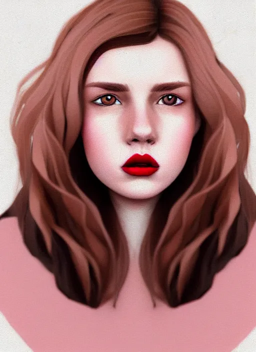 Prompt: highly detailed portrait of a young white woman with brown hair and scarlet lips, photographic realistic background, by tokenin, by glitchedpuppet, gradient pink, black, cream, brown and white color scheme, trending in artstation, award winning details