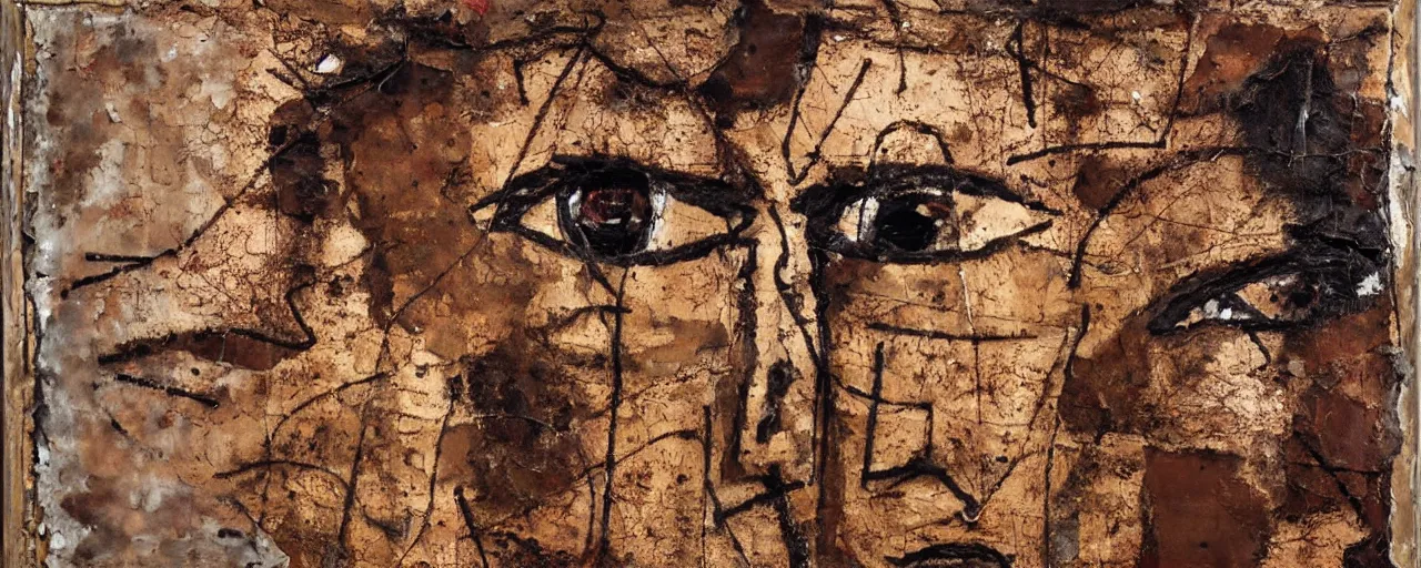 Prompt: a painting of a very ordinary person, by Antoni Tàpies and Anselm Kiefer, ripped Hessian fabric, rusted metal, iron cladding, decay, mixed media, textured, anatomically correct, beautiful perfect face, sharp focus, Highly Detailed