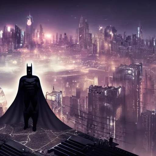 Image similar to Batman crouching on a rooftop with his back to us overlooking a dystopian cityscape at night, cyberpunk, highly detailed, 4k