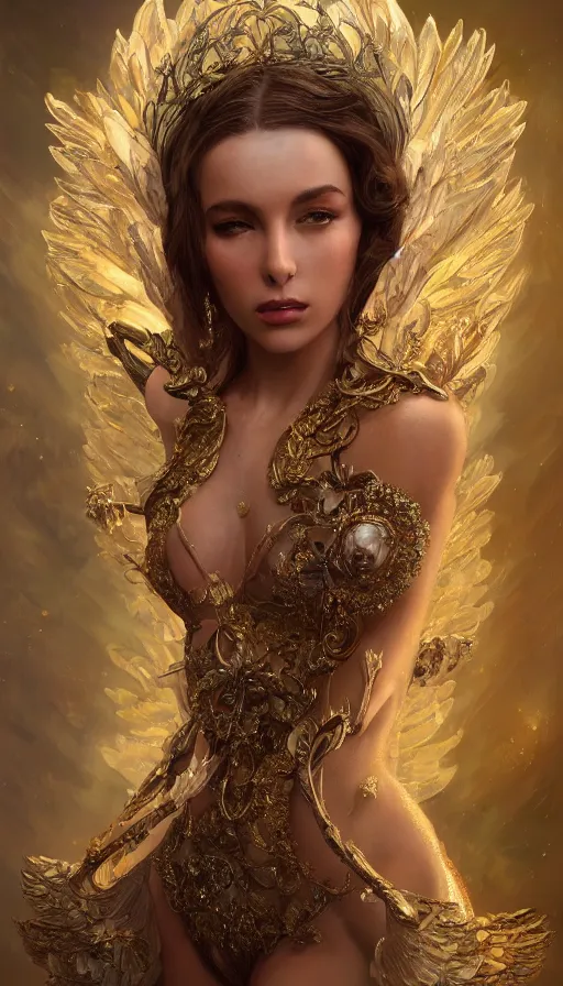 Prompt: expressive full body photo of sophia lauren as beautiful angel, smooth glowing skin, ornate headpiece made from flowers, ornaments, glamour shot, by karol bak, by greg rutkowski, by artgerm, octane render, unreal engine, photorealistic, canon r 3, fashion photography