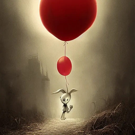 Image similar to matte painting of bugs bunny with a wide smile and a red balloon by Zdzisław Beksiński, loony toons style, pennywise style, corpse bride style, creepy lighting, horror theme, detailed, elegant, intricate, conceptual, volumetric light