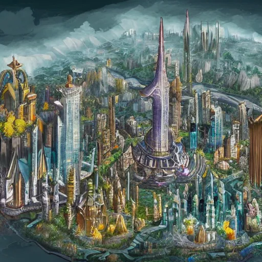 Prompt: a detailed illustration of a sprawling fantasy City with crystal tower in the middle