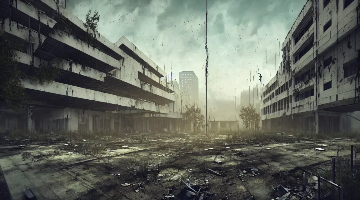 Image similar to post apocalyptic hospital building, morning, building, avenue, modern contemporary urban americana concrete architecture, by pascal blanche, neil blevins, apocalyptic color palette, trending on artstation, photorealistic, wilderness ambiance, ultra detailed, high definition, depth of field, bokeh, rubble, wild vegetation, blood stains, building crumbling, human silhouettes
