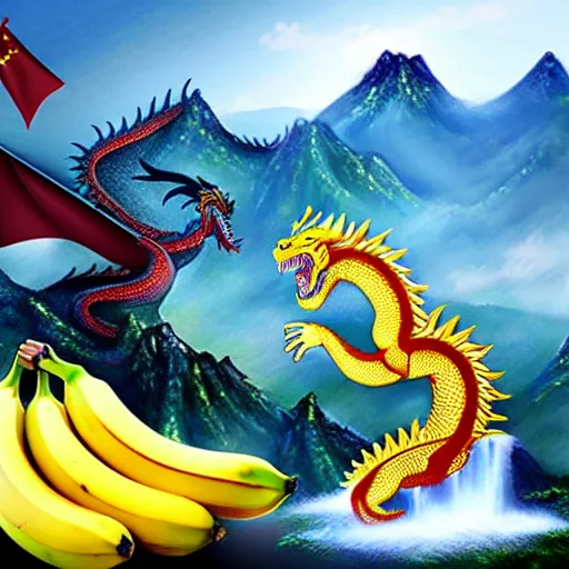 Prompt: Chinese president with bananas, battle with dragon, mountains background, fantasy art