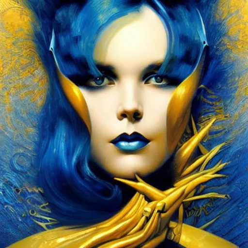Image similar to a woman with blue and gold hair, an art deco painting by karol bak, featured on cgsociety, gothic art, poster art, art deco, tarot card