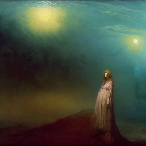 Image similar to a young woman lucid dreaming in cyberspace photoreal, atmospheric, by william turner, by beksinski, by caspar david friedrich, oil painting, romantism, realism, limited palette