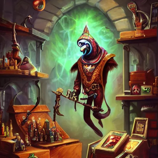 Image similar to Magic the gathering artwork of Anthropomorphized parrot trader in his shop, shelves full, selling a gem, portrait, items, magic potions, carpet, window, fancy funny hat, sly expression , cunning expression, cute expression, presenting magic gem, D&D, fantasy, cinematic lighting, highly detailed, digital painting, artstation, concept art, smooth, sharp focus, illustration, warm light, cozy warm tint, magic the gathering artwork, volumetric lighting, 8k, no gold, no gold colours, art by Akihiko Yoshida and Greg Rutkowski