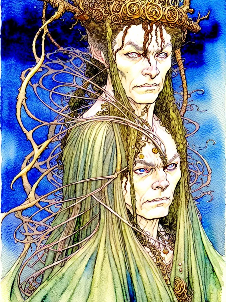 Prompt: a beautiful and very detailed character concept watercolour portrait painting by alan lee, rebecca guay, michael kaluta, charles vess and jean moebius giraud of a sanna marin, the prime minister of finland as a druidic wizard