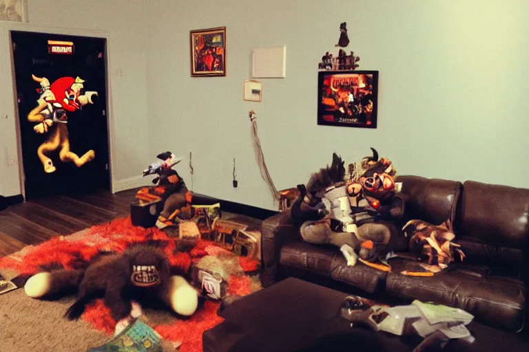 Image similar to a gritty photo made with a disposable camera of my living room where a real life Donkey Kong sits next to a real life King Bowser on the couch, while playing a video game