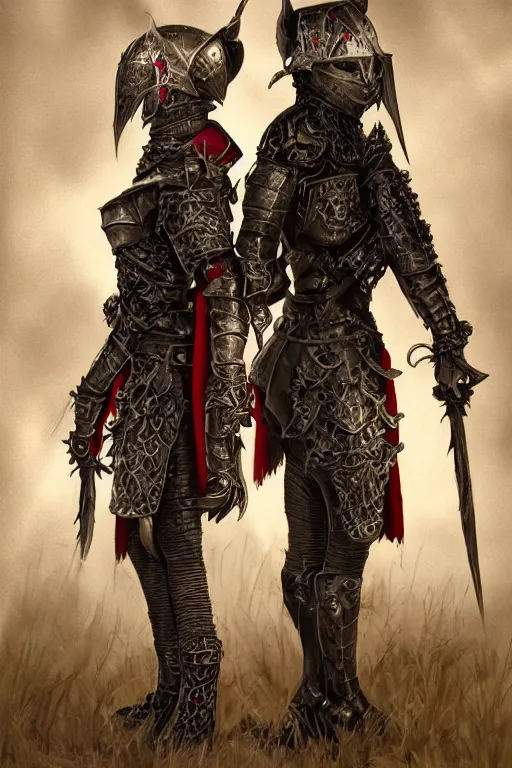 Prompt: Render of Young Olsen twins as a medieval fantasy knight wearing dark steel scale armor and garments, red and blue jewerly ornaments, emerald jewelry, high fantasy, gothic, Sparth style, Final Fantasy style, Tsutomu Nihei style, Emil Melmoth style, Craig Mullins style, Shinkawa style, centered image, golden hour, soft lighting aesthetic, volumetric lighting,