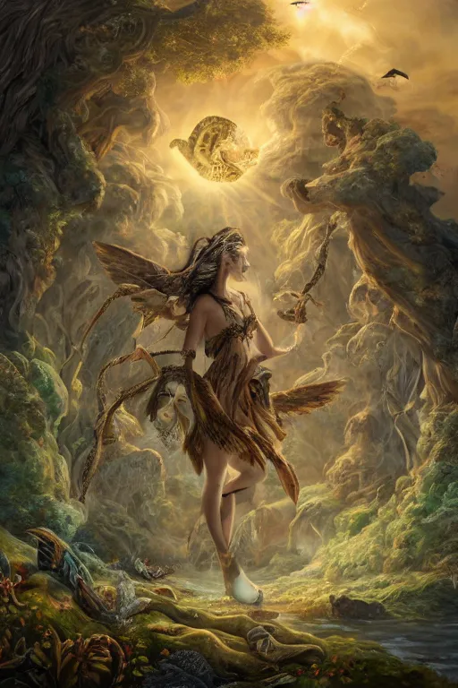 Image similar to A fantasy book style portrait painting of the Great Turtle Island at the center of the Universe, accompanied by a hybrid, Anya_Taylor-Joy, Cory Chase, Eva Green, as a Mystical Valkyrie, Anubis-Reptilian, Atlantean Warrior, François Boucher, Oil Painting, Crisp clear resolution, unreal 5, DAZ, hyperrealistic, octane render, Regal, Refined, Detailed Digital Art, RPG portrait, Walt Disney (1937), William-Adolphe Bouguereau, Michael Cheval, Steampunk, Volumetric Golden dappled dynamic lighting, Highly Detailed, Cinematic Lighting, Unreal Engine, HD, 8k, HD