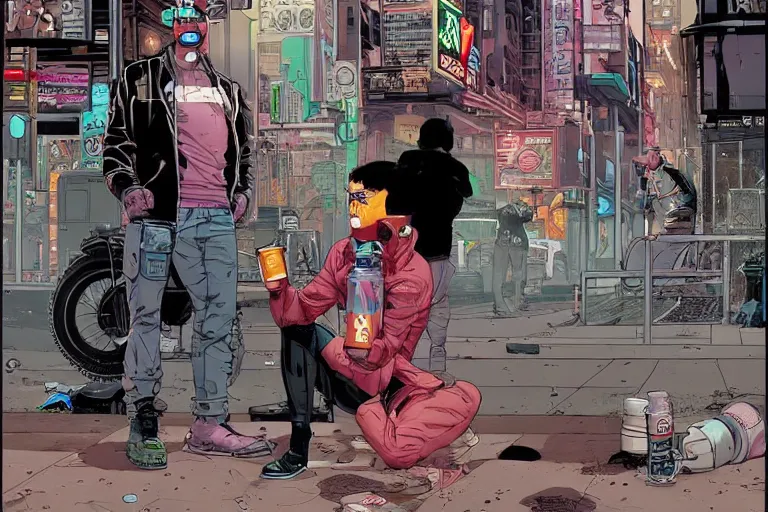 Image similar to cyborg drinking Coke at a dirty crouded streetcorner, cyberpunk, by Josan Gonzalez and Tomer Hanuka and Moebius