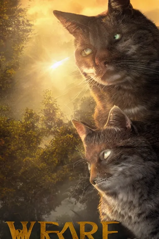 Image similar to a movie poster for warrior cats, depth of field, sun flare, hyper realistic, very detailed, backlighting, cgi, by wayne mclouglin