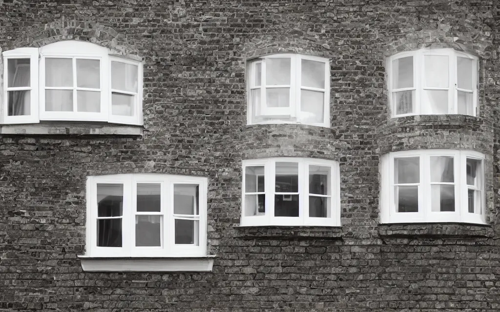 Image similar to single triangular or round sash window on a british wall, surprised and perplexed builders standing in front of it