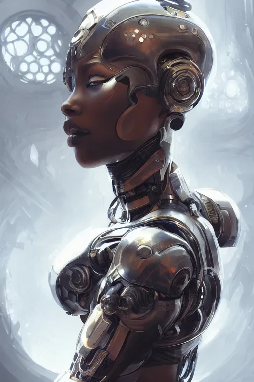 Image similar to ultra realistic illustration, cyborg black woman, hacknaut cyberpunk, sci - fi, fantasy, intricate, elegant, highly detailed, digital painting, artstation, concept art, smooth, sharp focus, illustration, art by artgerm and greg rutkowski and alphonse mucha