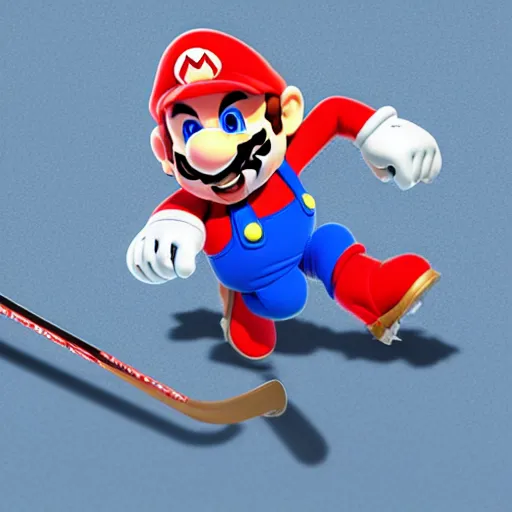 Image similar to super mario playing hockey, highly detailed, extremely high quality, hd, 4 k, 8 k, canon 3 0 0 mm, professional photographer, 4 0 mp, lifelike, top - rated, award winning, realistic, detailed lighting, detailed shadows, sharp, no blur, edited, corrected, trending