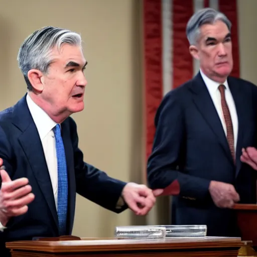 Prompt: jerome powell fighting himself in front of congress
