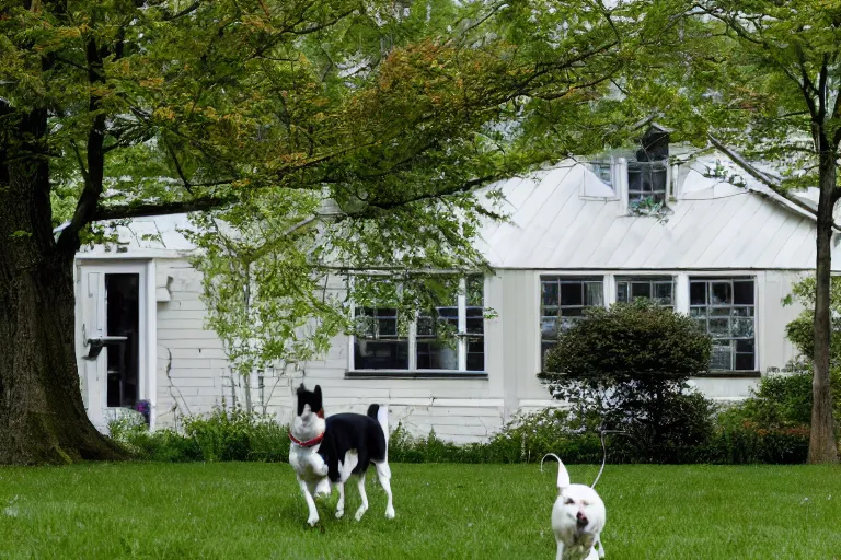 Image similar to the sour, dour, angry, gray - haired lady across the street is walking her three small white and black dogs. she shuffles around, looking down. highly detailed. green house in background. large norway maple tree in foreground. view through windows.