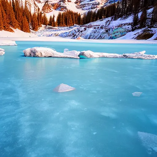 Prompt: a beautiful turquoise frozen lake surrounded by cubic rock formations. the sunlight gleams off the ice and illuminates the water underneath. award winning digital art.