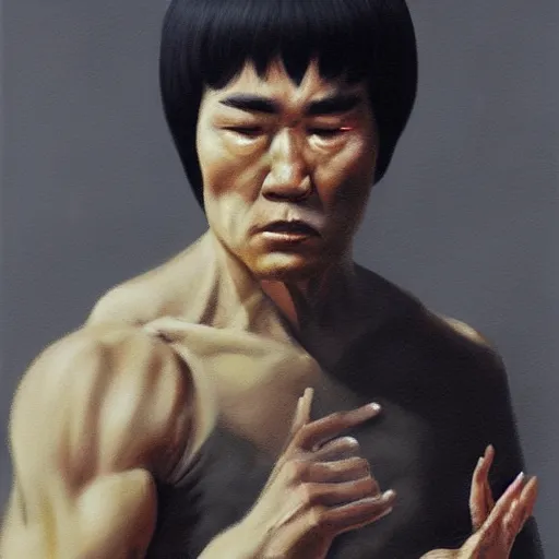 Image similar to UHD tonalism painting of elderly, old Bruce Lee, by Antonio Caparo and Ferdinand Knab and Greg Rutkowski, UHD, photorealistic, trending on artstation, trending on deviantart