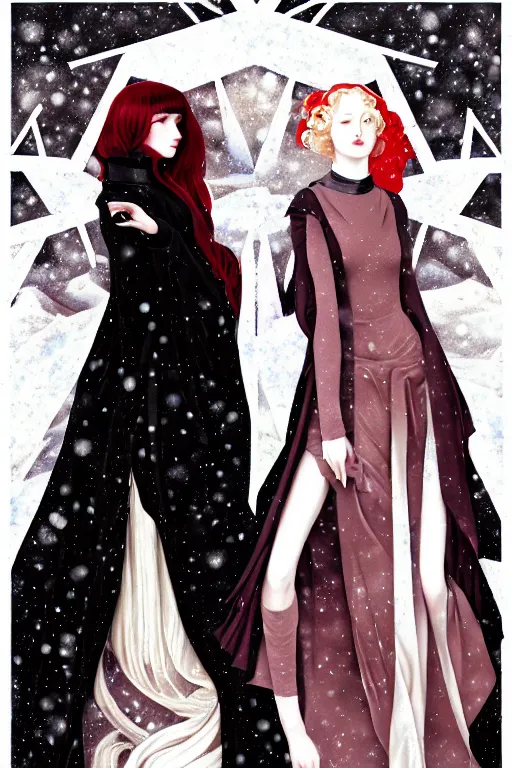 Image similar to 3 winter muses, triad of december, january and february, style mix of æon flux, shepard fairey, botticelli, john singer sargent, pre - raphaelites, shoujo manga, harajuku fashion, stark landscape, muted dark colors, superfine inklines, ethereal, 4 k photorealistic, arnold render