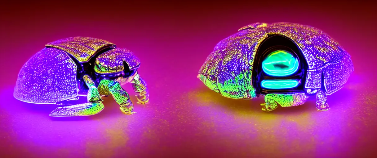 Image similar to high quality photo glowy iridescent cyborg scarab! jeweled very cute! highly detailed digital art david ligare peter zumthor cinematic purple neon lighting high quality low angle hd 8k sharp shallow depth of field