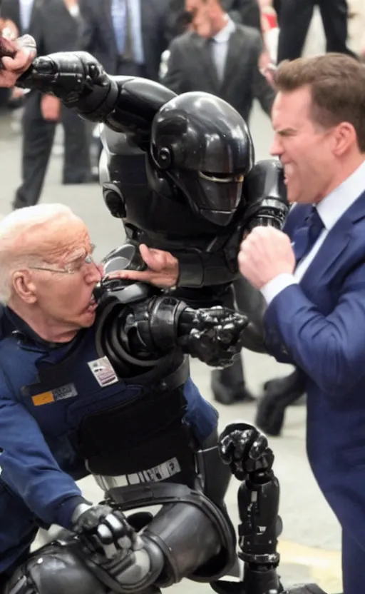 Image similar to robocop punching joe biden in the face, slow motion still