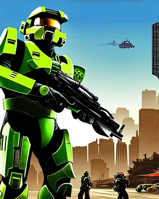 Image similar to Masterchief from Halo in GTA V, Cover art by Stephen Bliss, boxart, loading screen,