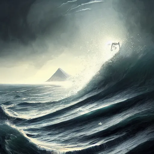 Image similar to tsunami attack, sea, epic fantasy style, in the style of Greg Rutkowski, mythology artwork