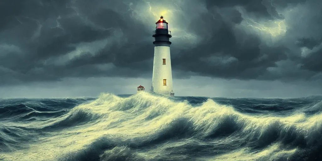 Image similar to lighthouse surrounded by turbulent waves on a stormy evening, detailed matte painting, low angle view, telephoto lens, bokeh, greg rutkowski, artstation