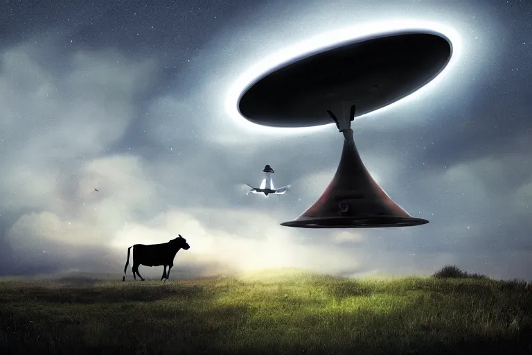 Prompt: an ufo abduct a cow, sci fi art