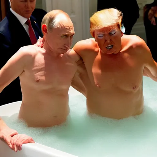 Image similar to donald trump and vladimir putin taking a bubble bath together