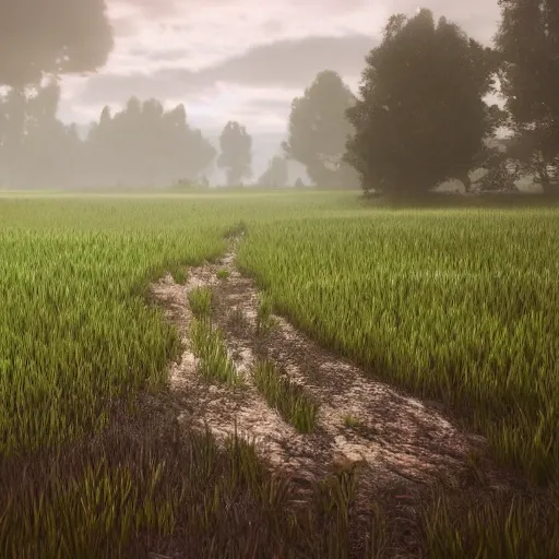 Image similar to landscape field, hyperrealistic, cinematic, unreal engine 5, rain