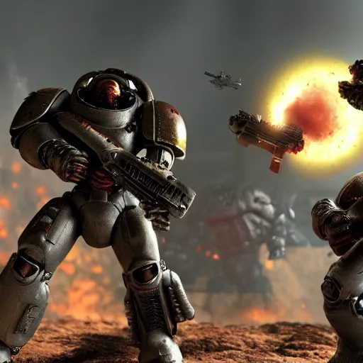 Image similar to Doom Guy vs Space Marine, HD, award winning, 8K cinematic, destruction, asymmetric ground, final battle, complex details, sharp focus, realistic