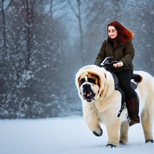 Image similar to girl riding a giant saint Bernard in a snowy park, trending on artstation