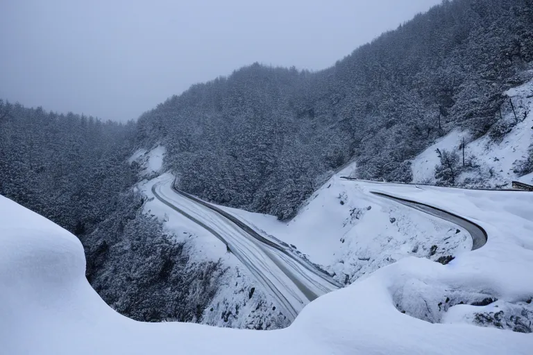 Image similar to a dangerous winding road route on an icy snowy cliff, blizzard, photo