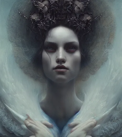 Image similar to portrait of the last angel by tom bagshaw, karol bak, james jean, rococo, steven belledin, digital art, sharp focus, volumetric lighting, octane render, 8 k, hyper detailed.