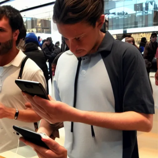 Image similar to jesus christ buying an iphone at the apple store