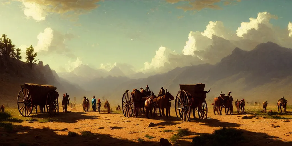 Image similar to a pack of settlers with covered wagons are crossing american plains with a small riverbed, mountaineous background, cloudy day, highly detailed, digital art, by greg rutkowski, by albert bierstadt