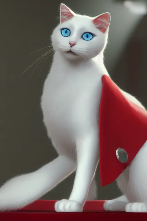 Image similar to a white cat with blue eyes wearing a red formal overcoat, hyperrealistic, concept art, octane render, unreal engine 5, realistic and defined face, profile picture, digital art, pixar and disney style, symmetrical, high quality, highly detailed, high coherence, path traced, house background, low contrast, beautiful, elegant clothes