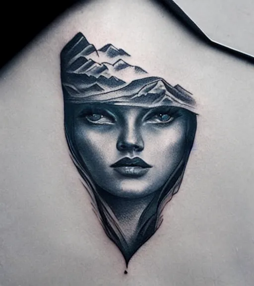Image similar to tattoo design sketch of a beautiful blue - eyed woman face with a faded background of beautiful mountains and nature on her side, hyper - realistic, in the style of den yakovlev, amazing detail, black and white