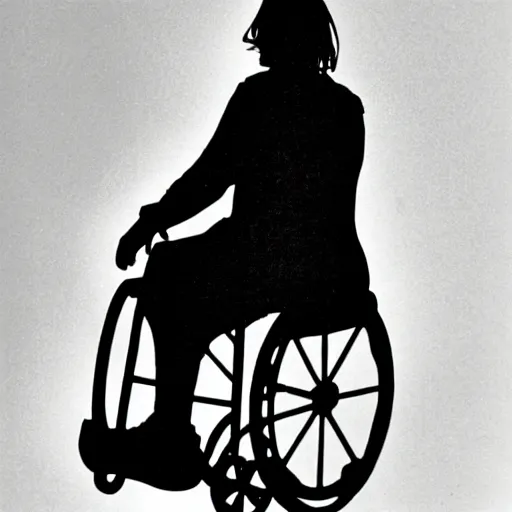 Image similar to sillouette of robert wyatt in a wheelchair flying against the moon at night,