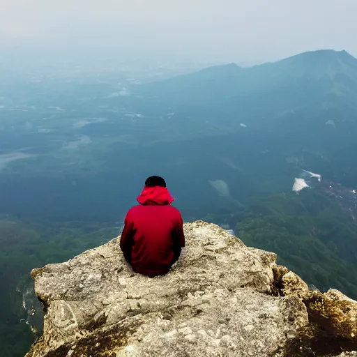 Image similar to man sitting on top peak mountain cliff looking at tsunami