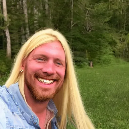 Image similar to photo of hillbilly smiling with long blonde hair near a bonfire